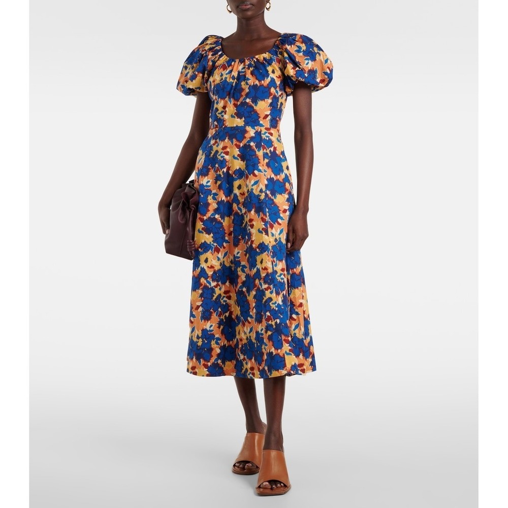 Ulla Johnson Imara Poplin A-Line Resort Dress Wildflower Blue Coral Ikat Midi 6
